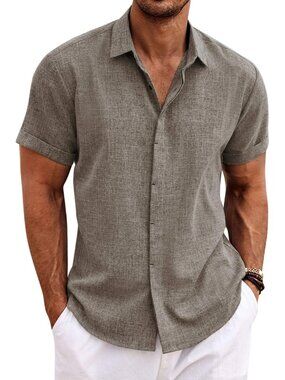 Men's Brown Classic Beach Linen Short Sleeve Summer Casual Imported Shirt